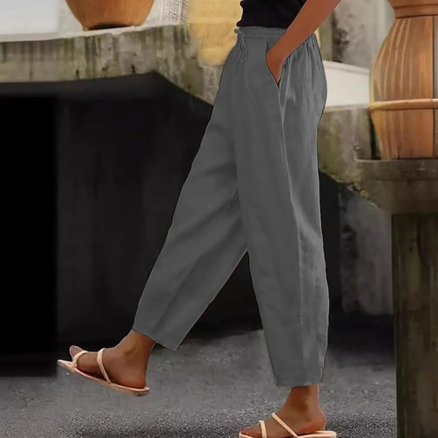 Womens Cotton Linen Palazzo Pants Drawstring Elastic Waist Casual Beach Pants Summer Wide Leg Trousers with Pockets
