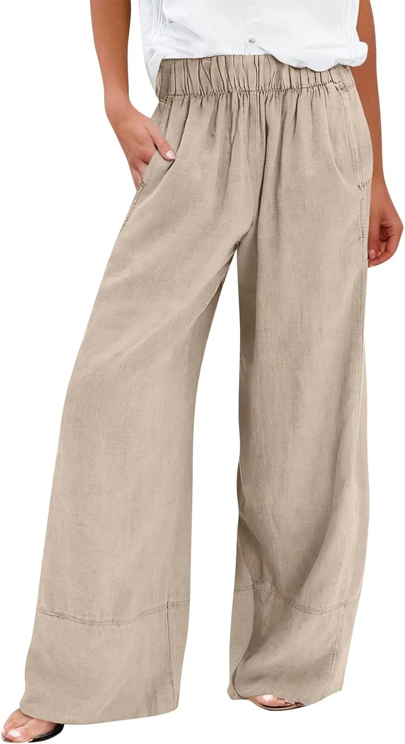 Women's Cotton Linen Palazzo Pants Summer Baggy Casual Wide Leg Pants High Waisted Flowy Lounge Trousers with Pockets