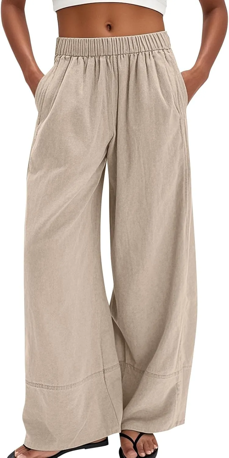 Women's Cotton Linen Palazzo Pants Summer Baggy Casual Wide Leg Pants High Waisted Flowy Lounge Trousers with Pockets