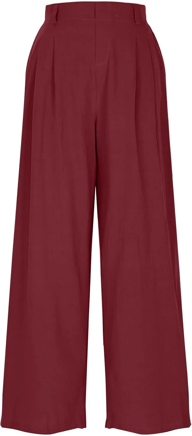 Womens Cotton Linen Pants 2025 Summer Casual Wide Leg Pants Loose Fit Elastic Waist Lounge Trousers with Pockets