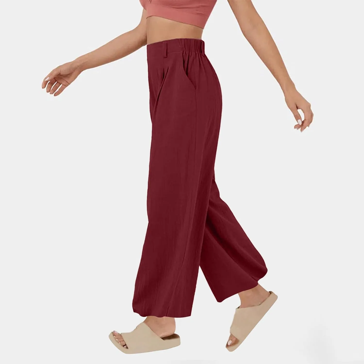 Womens Cotton Linen Pants 2025 Summer Casual Wide Leg Pants Loose Fit Elastic Waist Lounge Trousers with Pockets