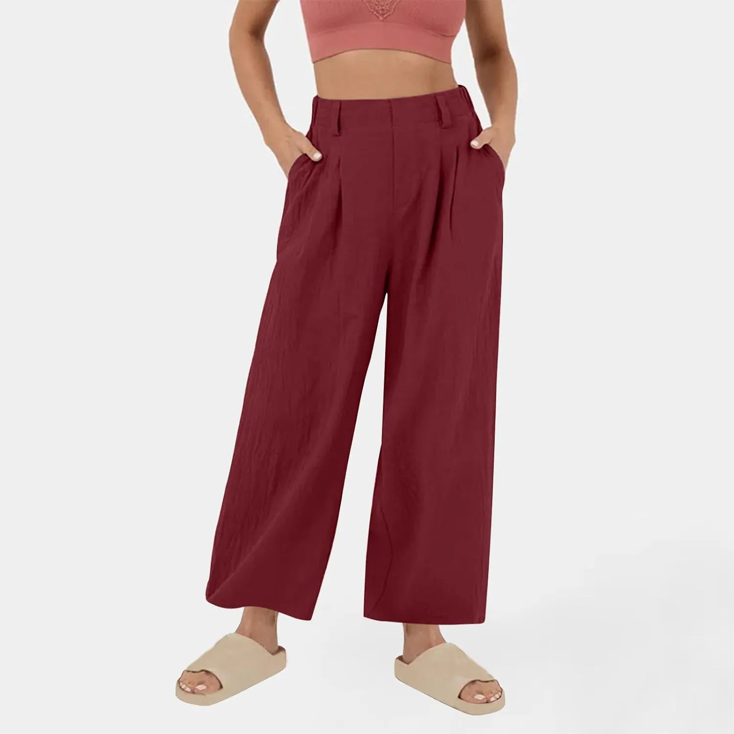 Womens Cotton Linen Pants 2025 Summer Casual Wide Leg Pants Loose Fit Elastic Waist Lounge Trousers with Pockets