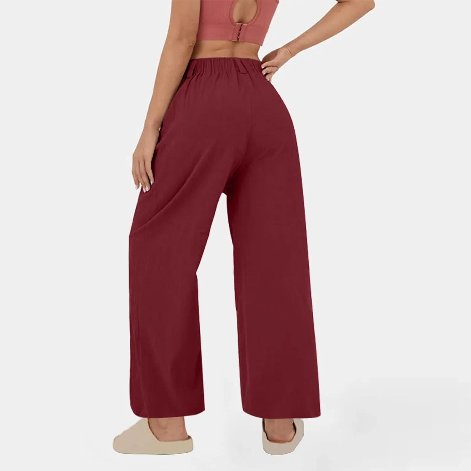 Womens Cotton Linen Pants 2025 Summer Casual Wide Leg Pants Loose Fit Elastic Waist Lounge Trousers with Pockets