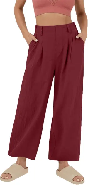 Womens Cotton Linen Pants 2025 Summer Casual Wide Leg Pants Loose Fit Elastic Waist Lounge Trousers with Pockets