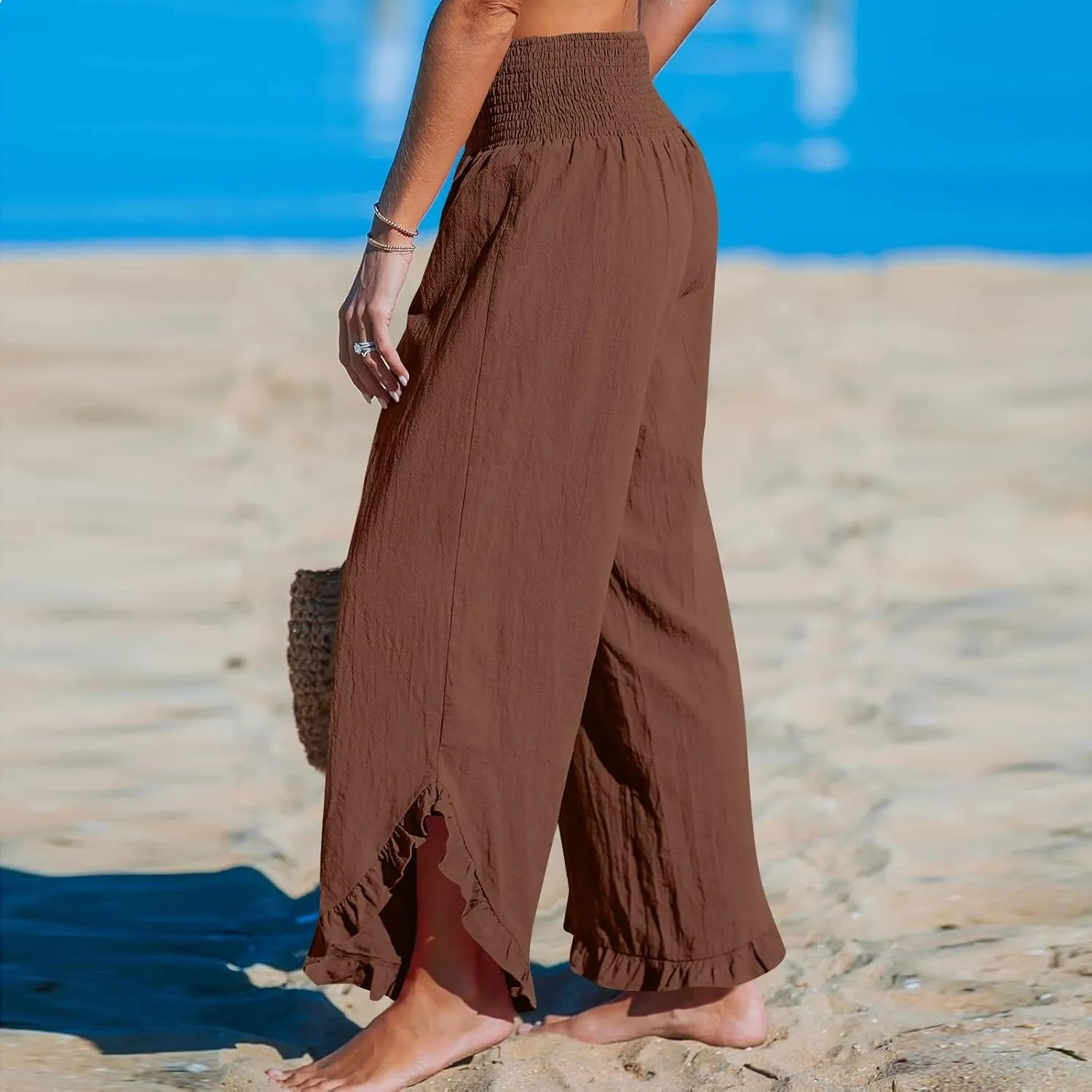 Women's Cotton Linen Pants,Summer Wide Leg Casual Elastic Drawstring High Waist Palazzo Pants with Pockets