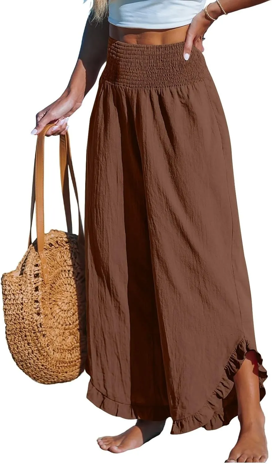 Women's Cotton Linen Pants,Summer Wide Leg Casual Elastic Drawstring High Waist Palazzo Pants with Pockets