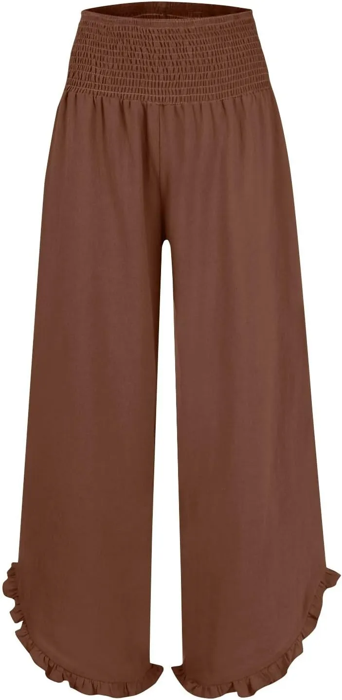 Women's Cotton Linen Pants,Summer Wide Leg Casual Elastic Drawstring High Waist Palazzo Pants with Pockets
