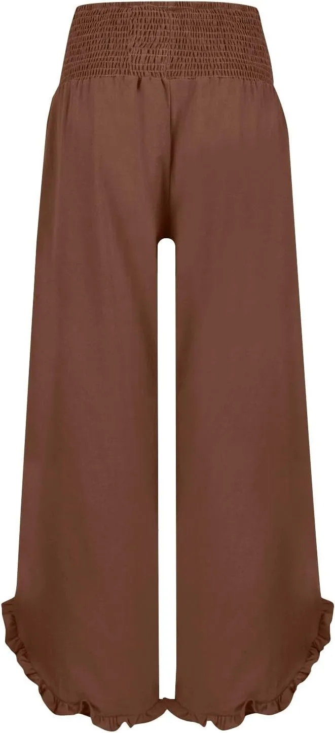 Women's Cotton Linen Pants,Summer Wide Leg Casual Elastic Drawstring High Waist Palazzo Pants with Pockets