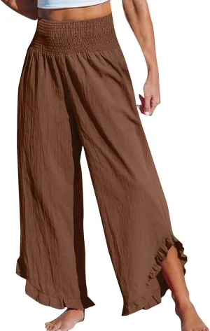 Women's Cotton Linen Pants,Summer Wide Leg Casual Elastic Drawstring High Waist Palazzo Pants with Pockets