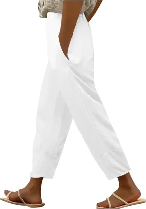 Womens Cotton Linen Summer Baggy Palazzo Lounge Pants Elastic Waist Bootcut Loose Fit Pants Business Work