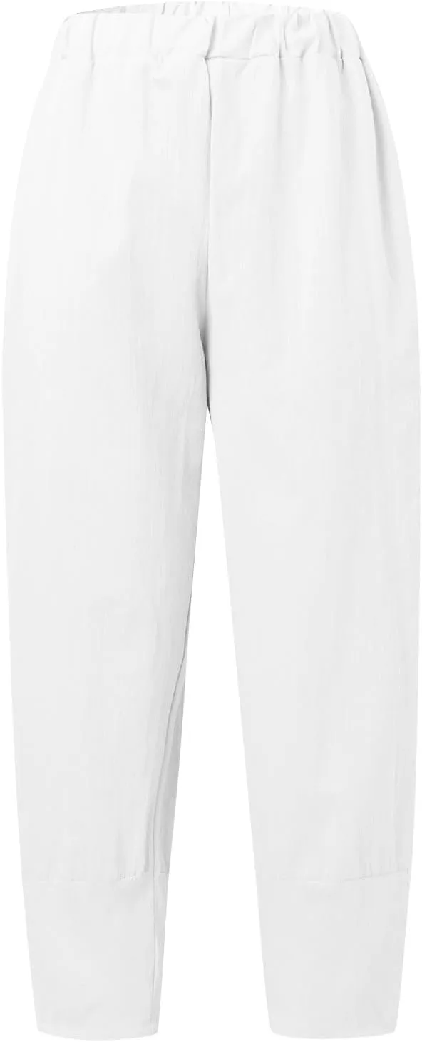 Womens Cotton Linen Summer Baggy Palazzo Lounge Pants Elastic Waist Bootcut Loose Fit Pants Business Work