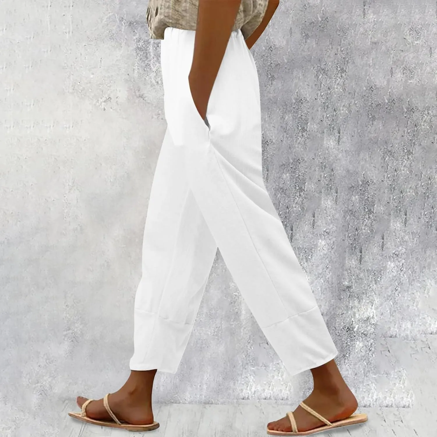 Womens Cotton Linen Summer Baggy Palazzo Lounge Pants Elastic Waist Bootcut Loose Fit Pants Business Work