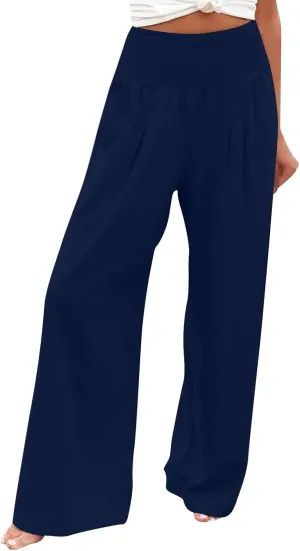 Womens Cotton Linen Summer Casual Loose Pants Elastic Waisted Long Lounge Slim Fit Palazzo Pants Trendy