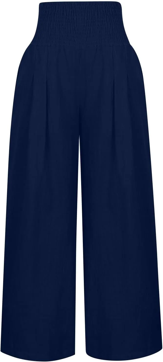Womens Cotton Linen Summer Casual Loose Pants Elastic Waisted Long Lounge Slim Fit Palazzo Pants Trendy