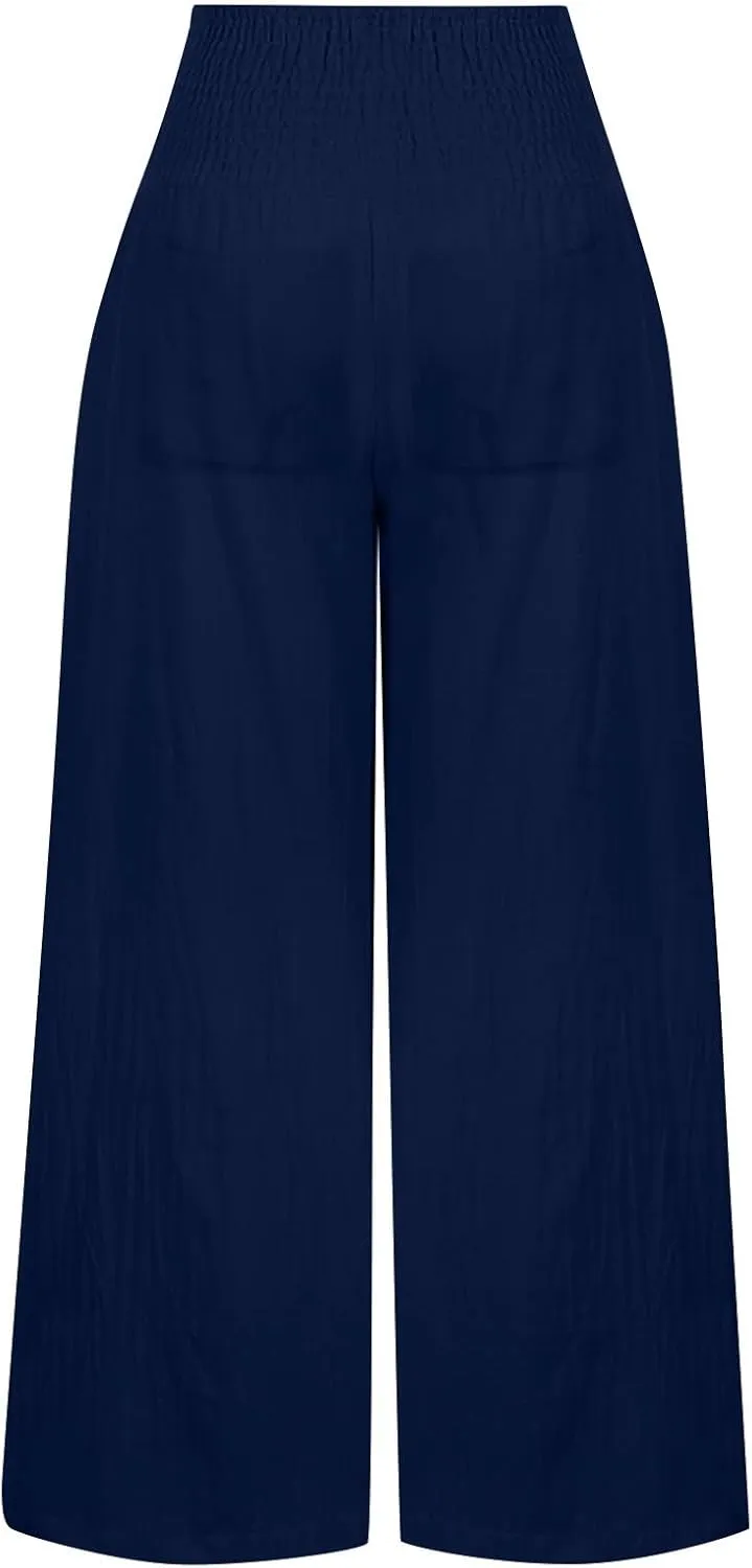 Womens Cotton Linen Summer Casual Loose Pants Elastic Waisted Long Lounge Slim Fit Palazzo Pants Trendy
