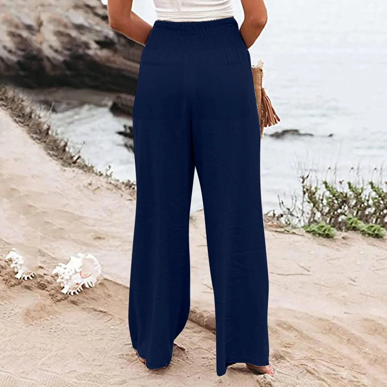 Womens Cotton Linen Summer Casual Loose Pants Elastic Waisted Long Lounge Slim Fit Palazzo Pants Trendy