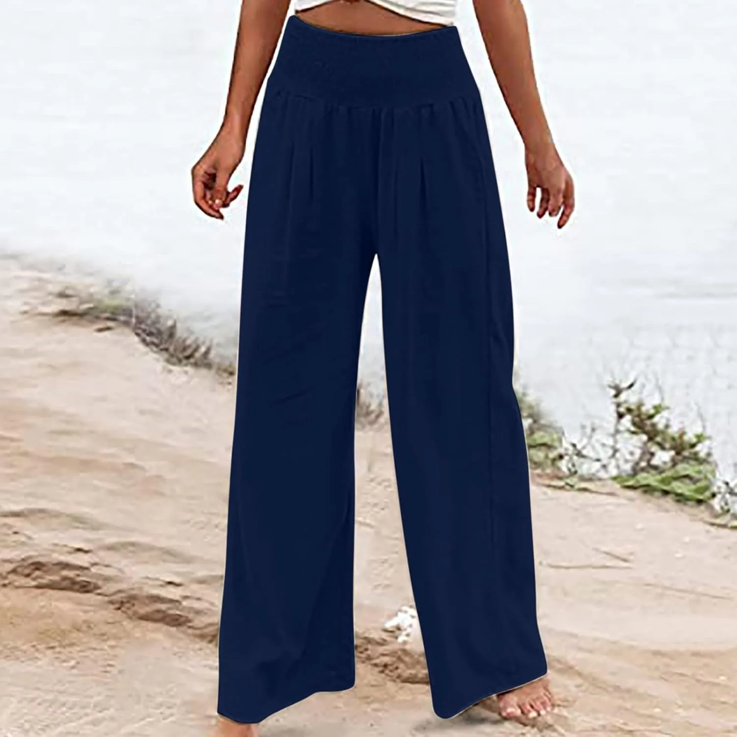 Womens Cotton Linen Summer Casual Loose Pants Elastic Waisted Long Lounge Slim Fit Palazzo Pants Trendy
