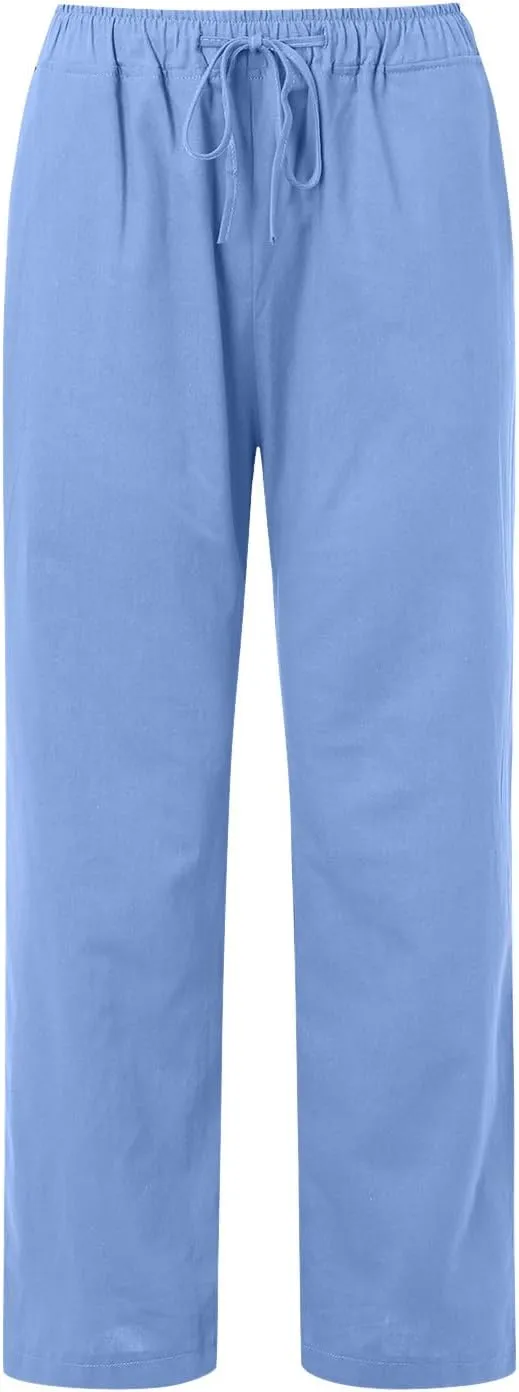 Womens Cotton Linen Summer Flowy Palazzo Lounge Pants High Waist Lounge Pants Slim-Fit Pant Trousers Business Work