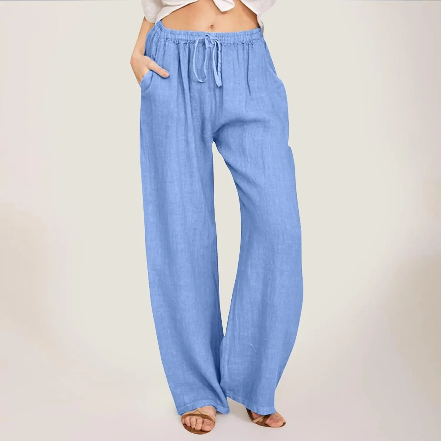 Womens Cotton Linen Summer Flowy Palazzo Lounge Pants High Waist Lounge Pants Slim-Fit Pant Trousers Business Work