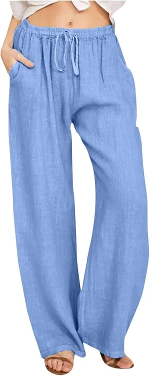Womens Cotton Linen Summer Flowy Palazzo Lounge Pants High Waist Lounge Pants Slim-Fit Pant Trousers Business Work