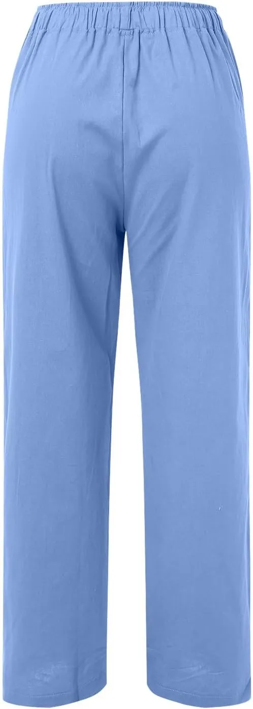 Womens Cotton Linen Summer Flowy Palazzo Lounge Pants High Waist Lounge Pants Slim-Fit Pant Trousers Business Work