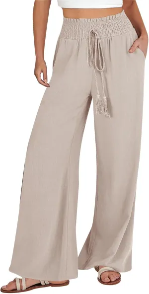 Women's Cotton Linen Summer Flowy Palazzo Pants Elastic Waisted Lounge Pants Slim Fit Palazzo Lounge Pants Vacation