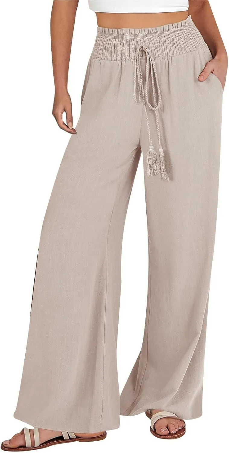 Women's Cotton Linen Summer Flowy Palazzo Pants Elastic Waisted Lounge Pants Slim Fit Palazzo Lounge Pants Vacation