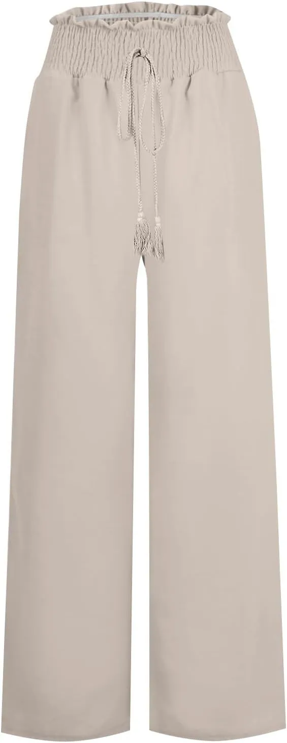 Women's Cotton Linen Summer Flowy Palazzo Pants Elastic Waisted Lounge Pants Slim Fit Palazzo Lounge Pants Vacation