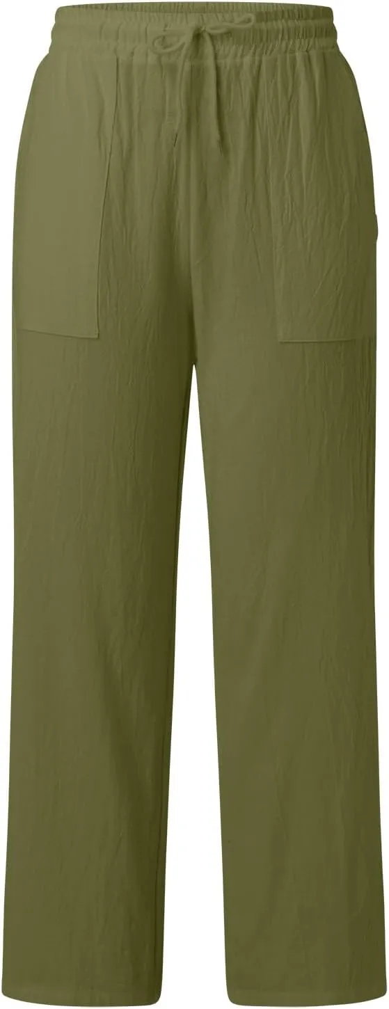 Women's Cotton Linen Summer Lightweigt Palazzo Lounge Pants Low Waist Ankle Length Slim-Fit Palazzo Lounge