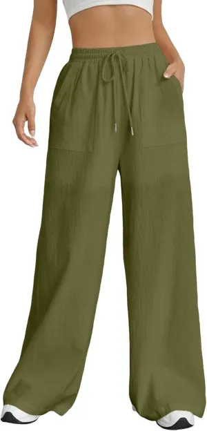Women's Cotton Linen Summer Lightweigt Palazzo Lounge Pants Low Waist Ankle Length Slim-Fit Palazzo Lounge