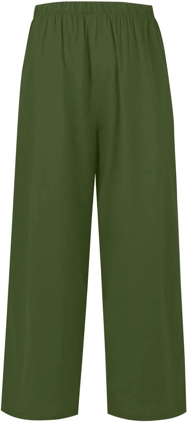 Women's Cotton Linen Summer Palazzo Pants Elastic Drawstring Flowy Wide Leg Beach Trousers with Pockets