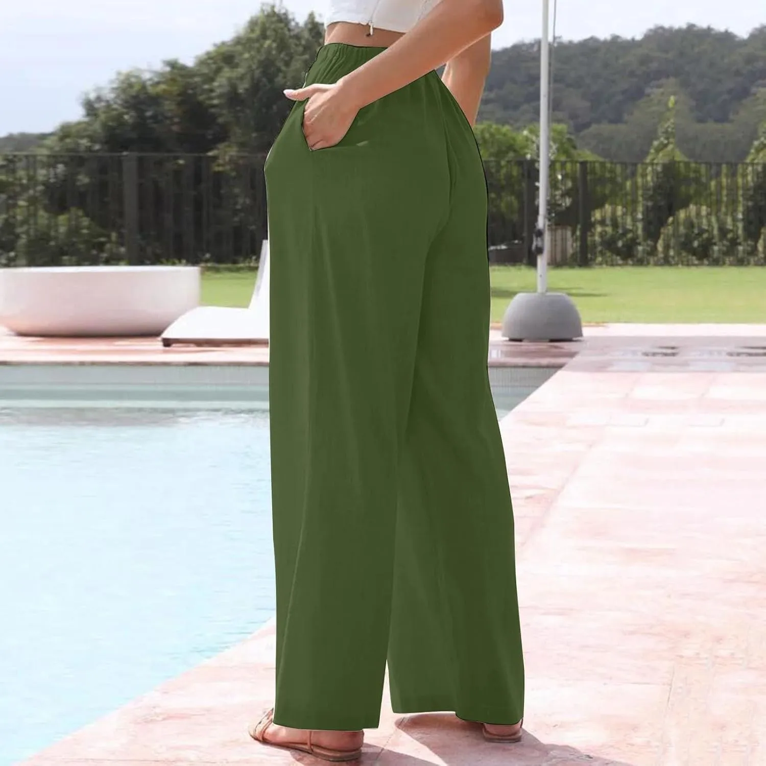 Women's Cotton Linen Summer Palazzo Pants Elastic Drawstring Flowy Wide Leg Beach Trousers with Pockets