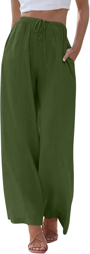 Women's Cotton Linen Summer Palazzo Pants Elastic Drawstring Flowy Wide Leg Beach Trousers with Pockets