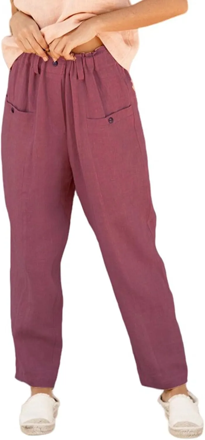 Women's Cotton Linen Tapered Cropped Pants Elastic Waist Trousers Summer Loose Casual Capris Going Out with Pockets