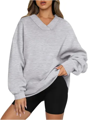 Women's Cute Oversized Hoodies,Casual V Neck Long Sleeve Fleece Sweatshirts Pullover Sweaters, Cute Basic Tops