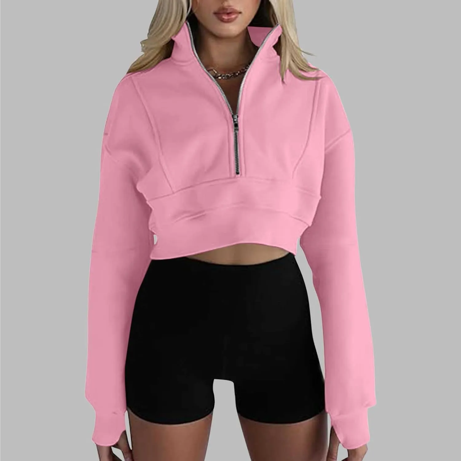 Women's Cute Pullover Half Zipper Cropped Sweatshirts, Winter Long Sleeve V Neck Knit, Fashion Hoodies Tops