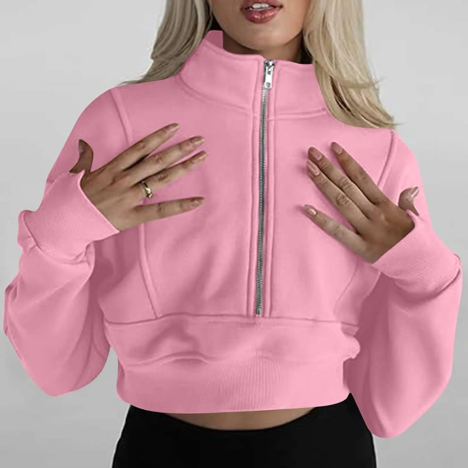 Women's Cute Pullover Half Zipper Cropped Sweatshirts, Winter Long Sleeve V Neck Knit, Fashion Hoodies Tops