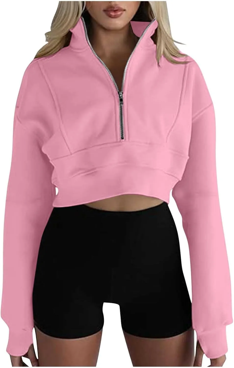 Women's Cute Pullover Half Zipper Cropped Sweatshirts, Winter Long Sleeve V Neck Knit, Fashion Hoodies Tops