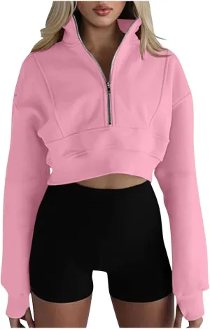 Women's Cute Pullover Half Zipper Cropped Sweatshirts, Winter Long Sleeve V Neck Knit, Fashion Hoodies Tops