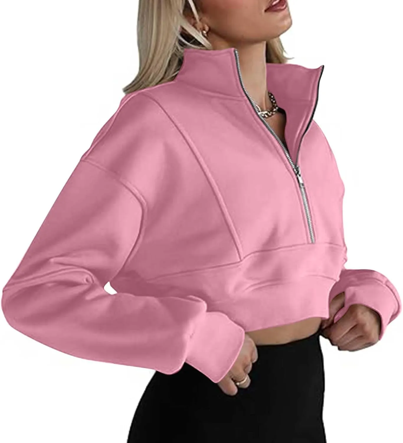 Women's Cute Pullover Half Zipper Cropped Sweatshirts, Winter Long Sleeve V Neck Knit, Fashion Hoodies Tops