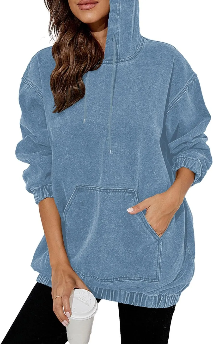 Women's Denim Hoodie Long Sleeve Pullover Sweatshirt Jean Jacket with Pocket
