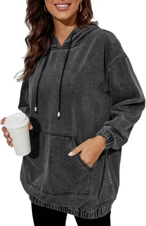 Women's Denim Hoodie Long Sleeve Pullover Sweatshirt Jean Jacket with Pocket