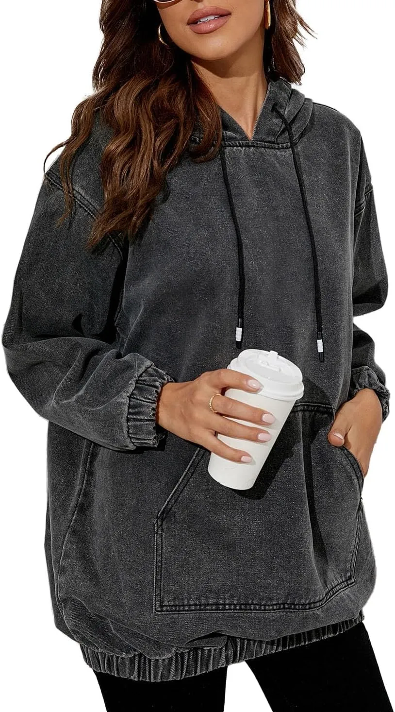 Women's Denim Hoodie Long Sleeve Pullover Sweatshirt Jean Jacket with Pocket