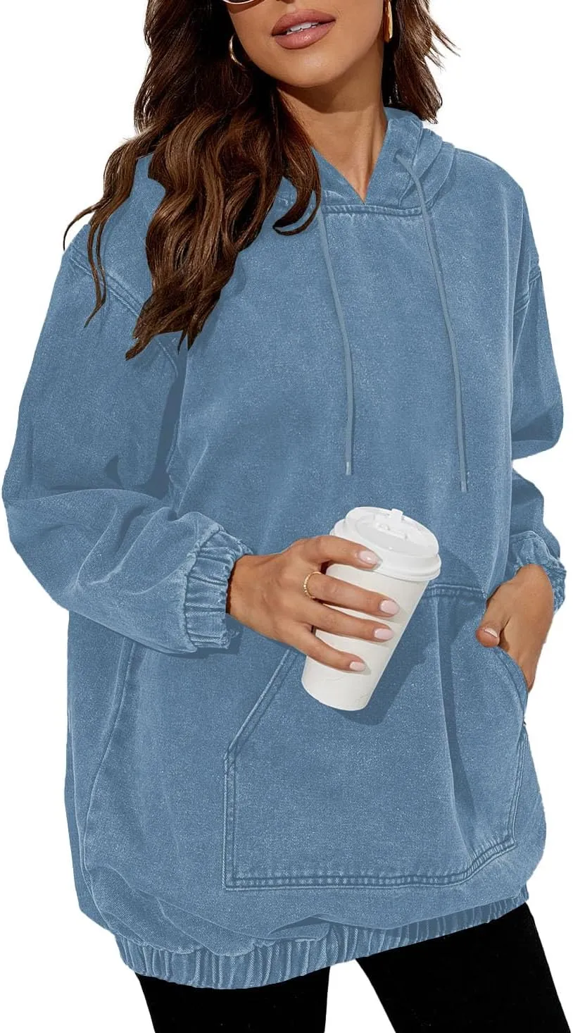 Women's Denim Hoodie Long Sleeve Pullover Sweatshirt Jean Jacket with Pocket