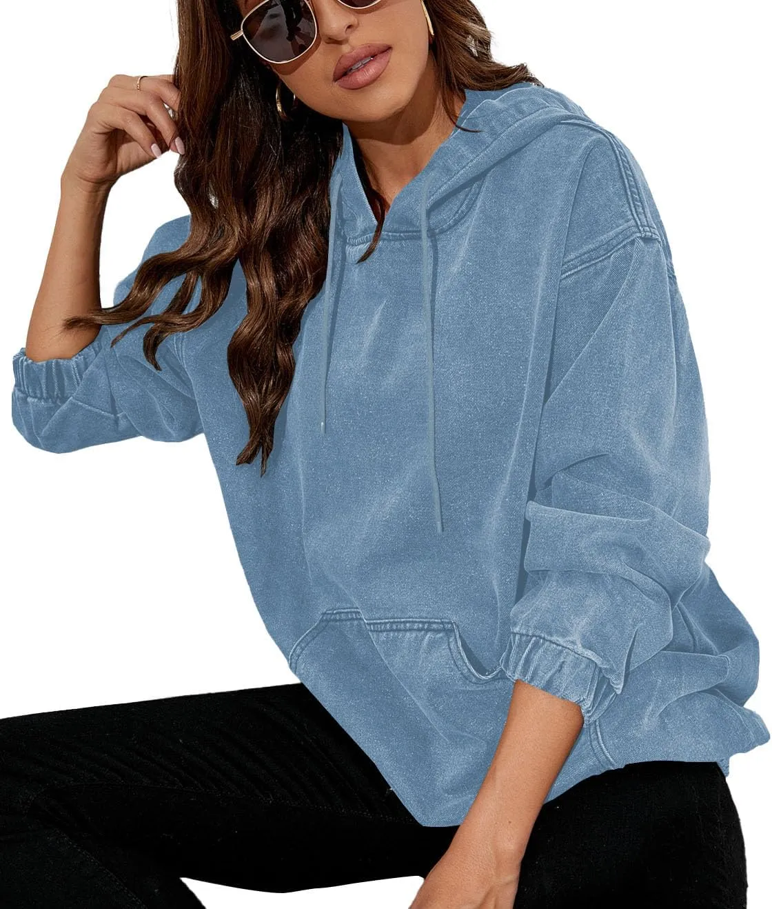 Women's Denim Hoodie Long Sleeve Pullover Sweatshirt Jean Jacket with Pocket