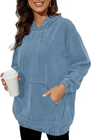 Women's Denim Hoodie Long Sleeve Pullover Sweatshirt Jean Jacket with Pocket