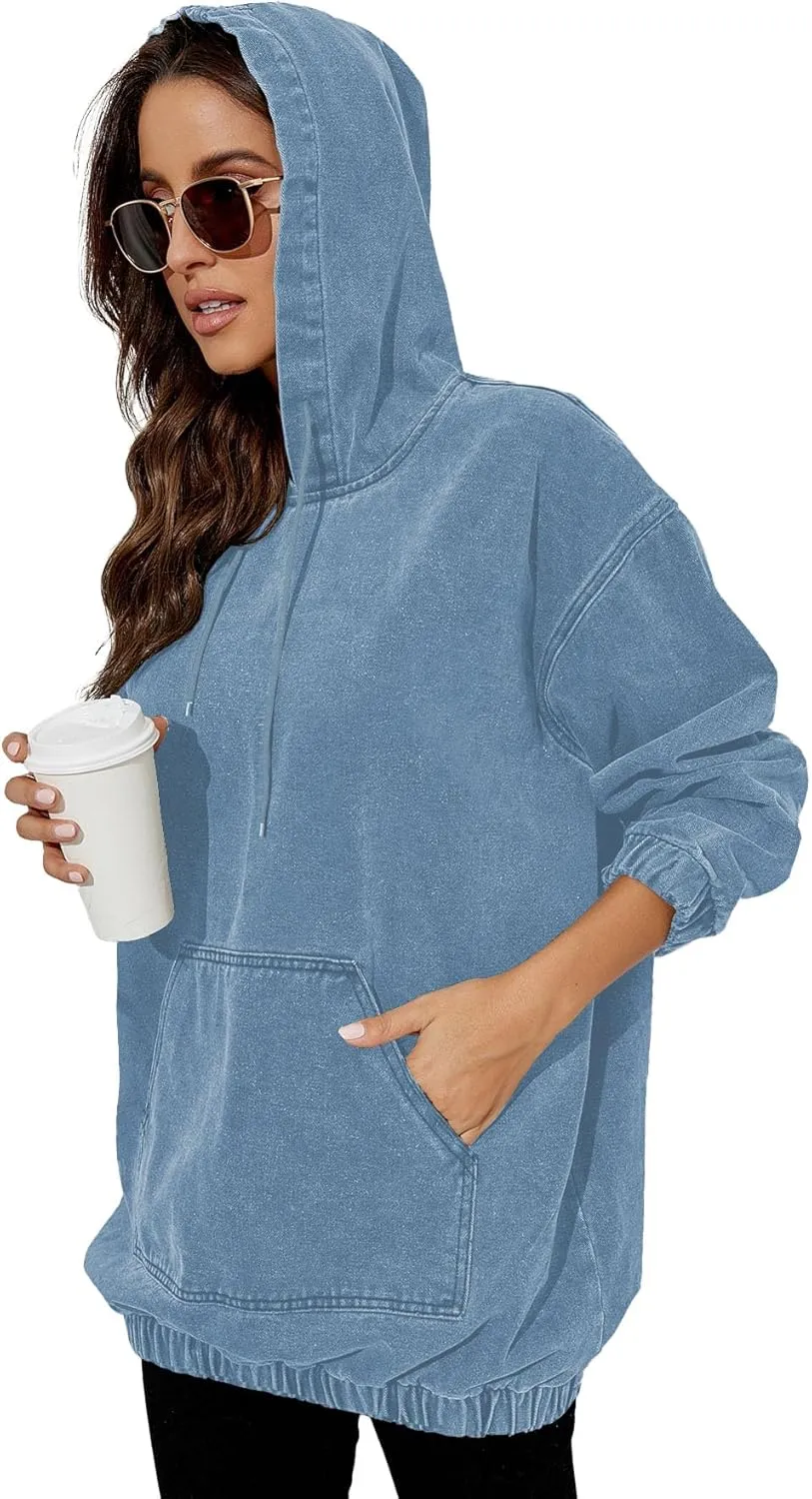 Women's Denim Hoodie Long Sleeve Pullover Sweatshirt Jean Jacket with Pocket