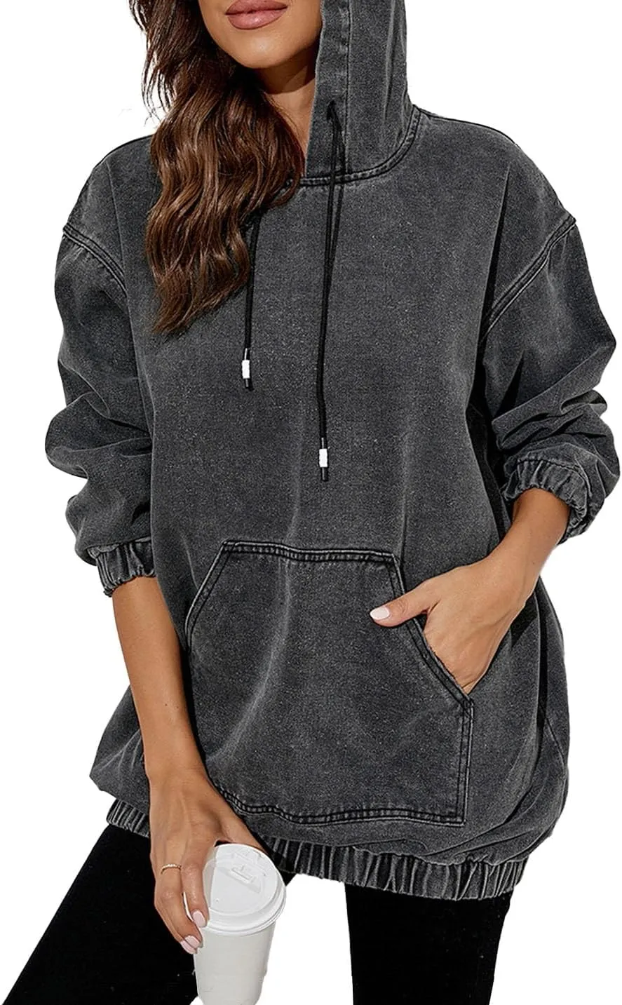 Women's Denim Hoodie Long Sleeve Pullover Sweatshirt Jean Jacket with Pocket