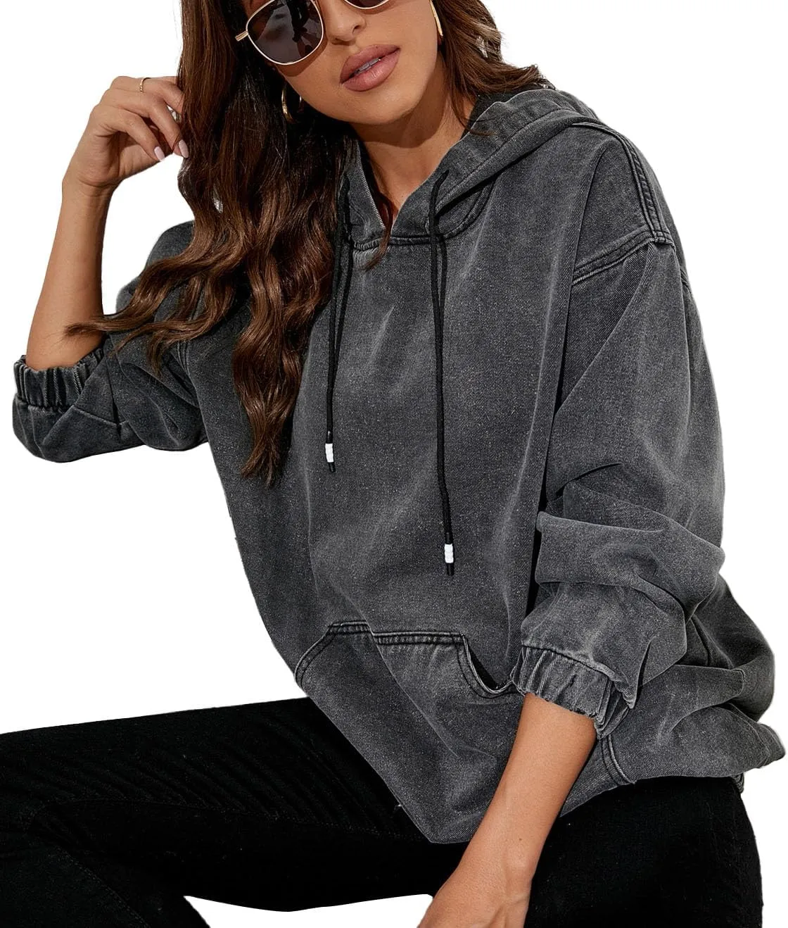Women's Denim Hoodie Long Sleeve Pullover Sweatshirt Jean Jacket with Pocket