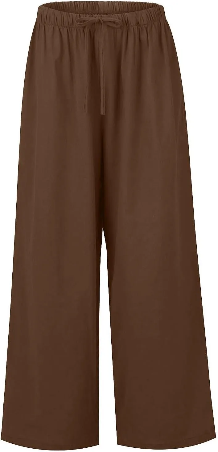 Womens Drawstring Elastic Waist Casual Wide Leg Trousers Cotton Linen Flowy Vacation Beach Palazzo Pants with Pockets